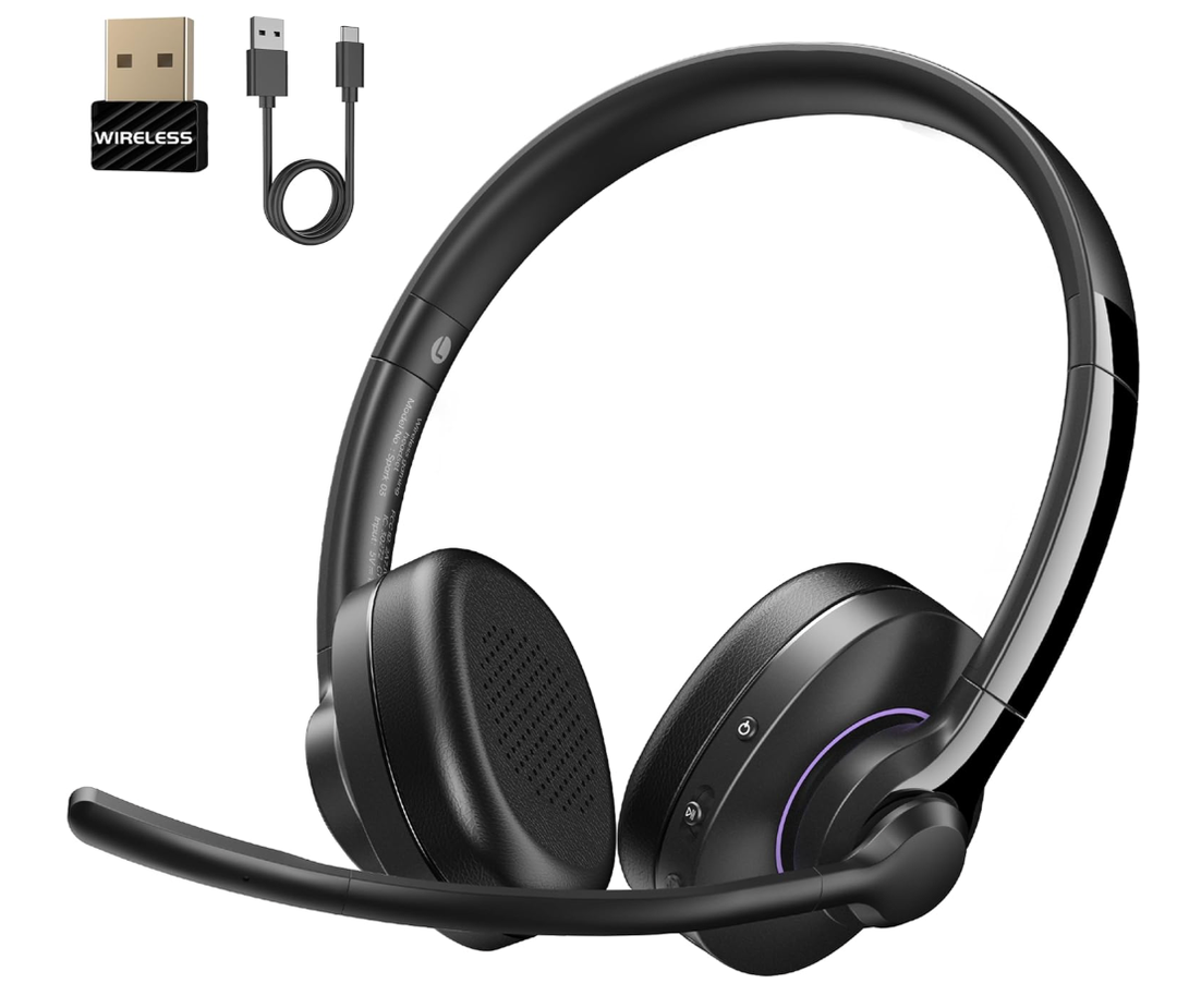 Wireless Headset with Mic for Work, Headset Wireless Bluetooth V5.3 with AI Noise Cancelling Microphone with USB Dongle & Mic Mute for Computer PC Laptop Remote Work Home Office (Black)