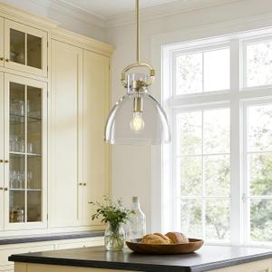 9.8'' Modern Pendant Lights for Kitchen Island, 1-Light Gold Glass Pendant Lighting, Adjustable Brass Hanging Pendant Lights Fixtures for Dining Rooms, Bathroom E26