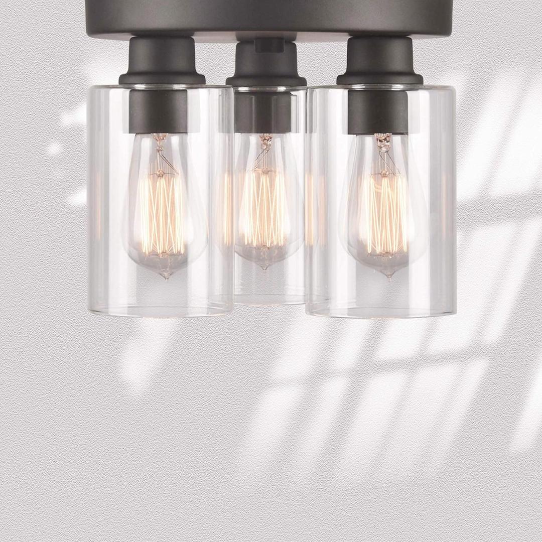 Debo Modern Farmhouse 3-Light Flush Mount Ceiling Light Fixture with Clear Glass Shade in Dark Bronze Finish for Hallway, Entryway, Passway, Bedroom, Garage, Kitchen, Balcony Living Room