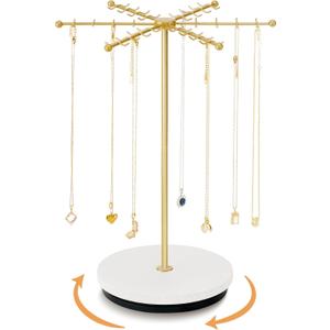 Poyilooo Necklace Holder Jewelry Stand, Rotating Necklace Holder Organizer with 48 Hooks for Necklace Earring Keychains Bracelet Display Stand, Metal Necklace Tree Stand -Women Gifts (Gold)