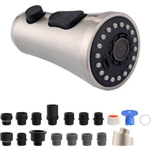Hibbent Pull Down Kitchen Faucet Head Replacement, 3-Function Kitchen Sink Spray Nozzle with 15 Adapters, Compatible with Moen, American Standard, Delta, Kohler Faucets, Brushed Nickel