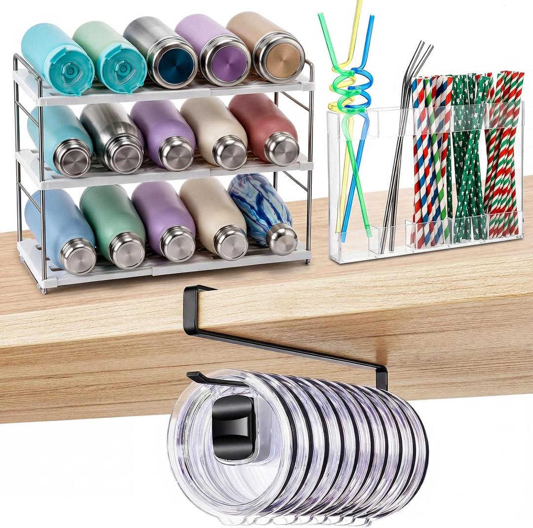 Sawysine 3 Pcs Kitchen Cabinet Organizer Set 3 Layer Stackable Water Bottle Holder & Iron Lid Organizer Adhesive Door Mounted Acrylic Straw Dispenser for Inside Cabinet Door and Pantry Shelves