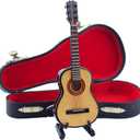 Wooden Miniature Guitar with Stand and Case Mini Musical Instrument Guitar Replica Collectible Figurines Dollhouse Accessories Model Home Decoration Display Ornament (5.12"x1.85"x0.67")