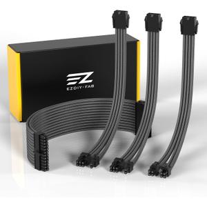 EZDIY-FAB PSU Extension Cable Sleeved Custom Mod PC Power Supply Cable, Soft Nylon Braided with Comb Kit 24PIN/8PIN to 6+2Pin/ 8PIN to 4+4PIN-30CM 300MM-Carbon