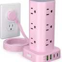 Power Strip Tower with Multiple Outlets, Flat Plug Surge Protector Tower Extension Cord with 12 AC Outlets 4 USB Ports (2 USB C), 6FT Cord Power Tower Surge Protector for Home Office Dorm Room, Pink