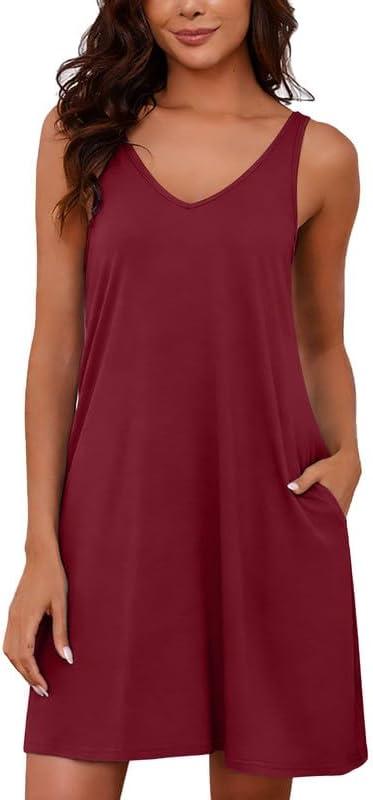 Marvmys Womens Cotton Sleeveless SLeep Dress Tank Short Nightgown Summer Sleepwear Wine Red (Red, L)