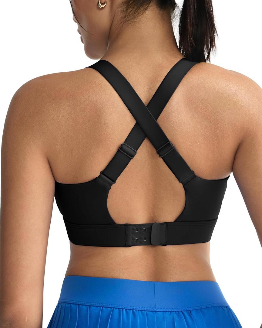 RUNNING GIRL Sports Bras for Women High Support, Adjustable Straps Hook Back Sports Bras for Women with Sewn in Pads (Black)