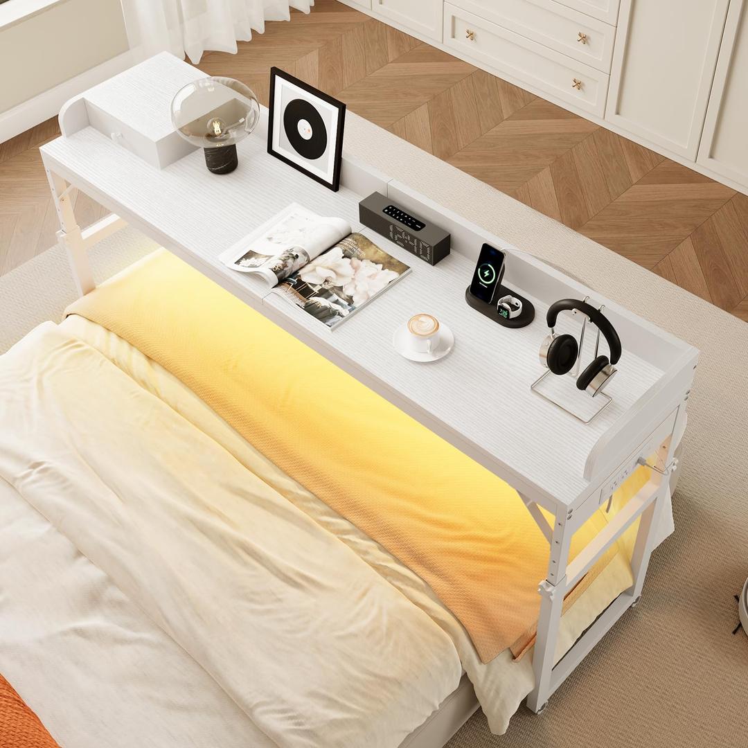 HOOBRO Overbed Table with Wheels, Rolling Table with Outlets & Light Strip for Queen Bed, Mobile Bed Desk & Drawer and Adjustable Height, Giant Computer Desk for Living Room, White WW180UDDN01