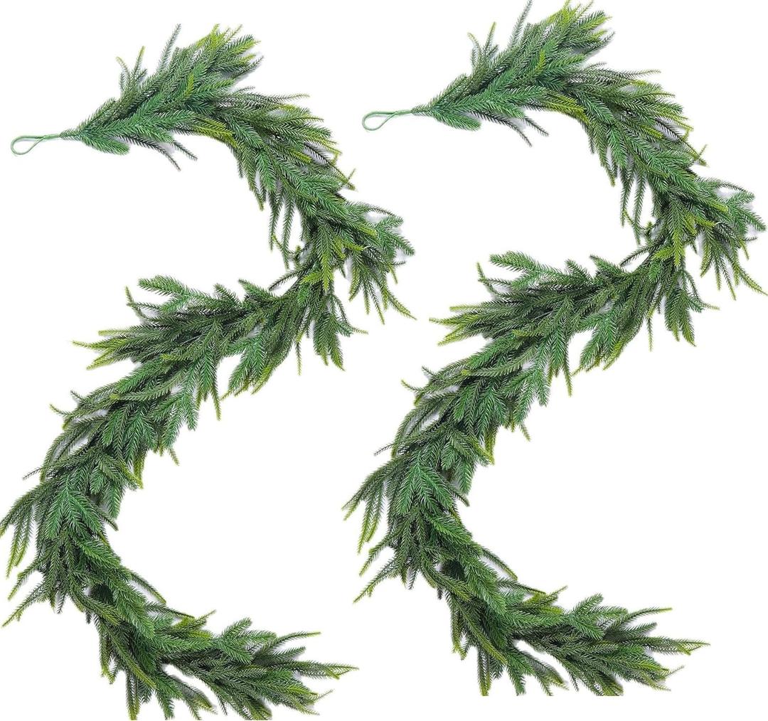 2 Pcs 6Ft Christmas Norfolk Pine Garlands Artificial Greenery Garland Christmas Winter Pine Garland for Table Mantle Wall Indoor Outdoor Xmas Decorations
