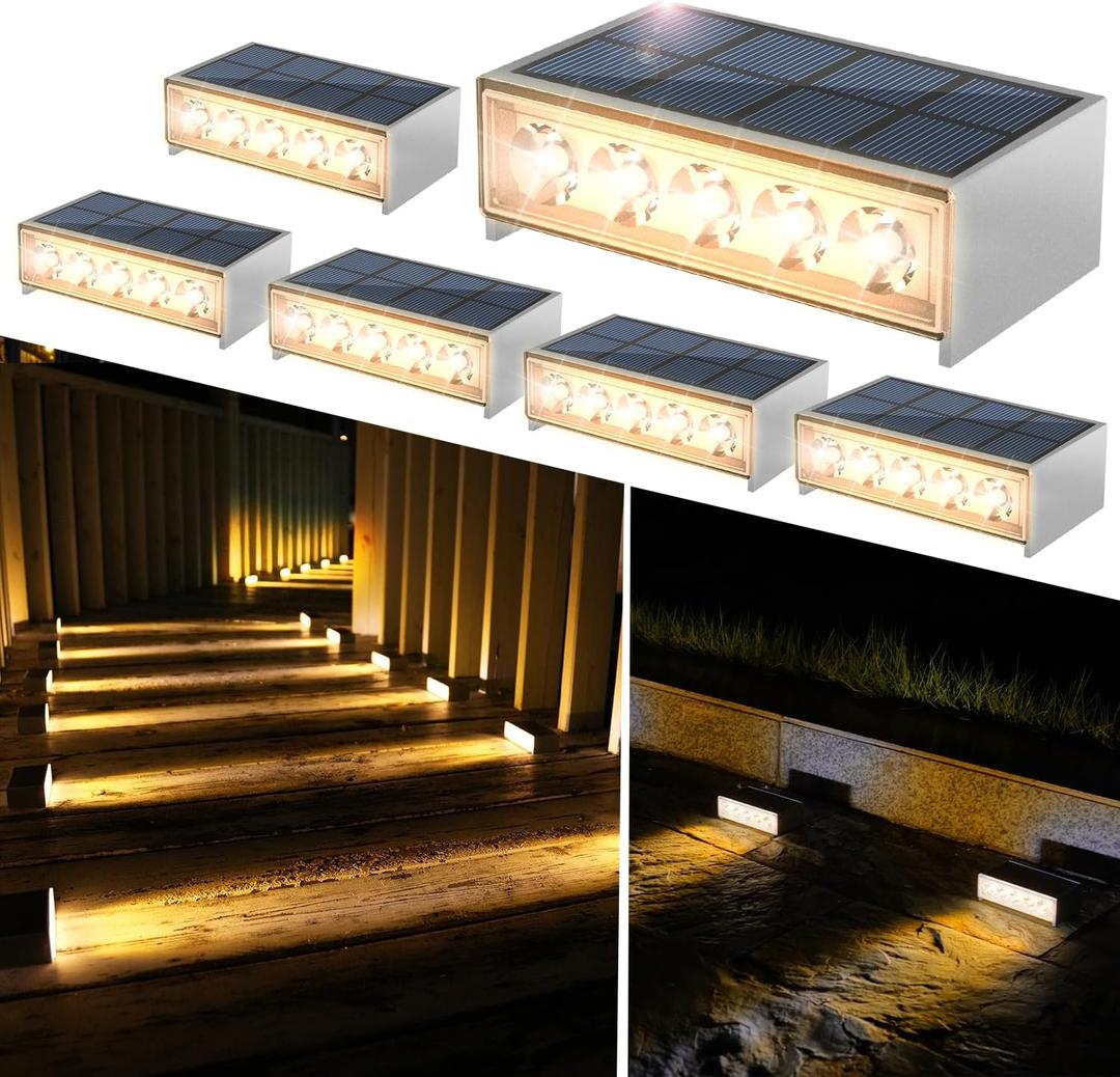 T-SUN Solar Step Light 3000K Solar Stair Lights Outdoor Waterproof LED Step Lights for Outside Stair Deck Pathway Patio Porch Warm White 6 Pack