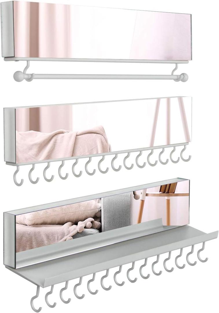 J JACKCUBE DESIGN MK610A Acrylic Mirror 3-Piece Wall Mounted Hanging Jewellery Organiser, Necklace Holder with Removable Bracelet Rod and 28 Jewellery Hooks for Earrings and Bracelets