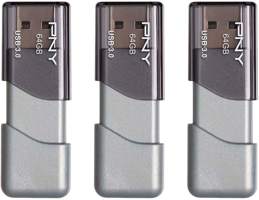 PNY 64GB Turbo Attach 3 USB 3.0 Flash Drive,Grey (Pack of 3)