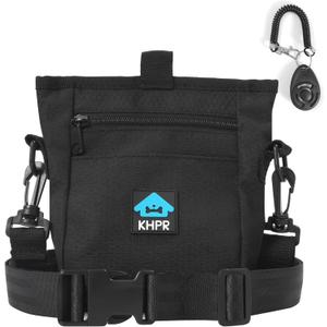 Dog Treat Pouch Magnetic Closure with Training ClickerHands-Free Design to Prevent SpillsBuilt in Poop Bag Dispenser3 Ways To WearMetal Clip Waist Belt and Fanny Pack for Pet Walking, Black
