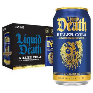 Liquid Death Soda-Flavored Sparkling Water - Killer Cola, Less Sugar*, Huge Flavor, No Caffeine, No Artificial Sweeteners, 12 Fl Oz (Pack of 12) (EXP 06/28/27)
