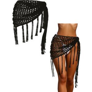 Geyoga Halloween Mermaid Cosplay Skirt Women Crochet Cover up Skirt Swimwear Tassel Beach Grid Knitted Wrap (Black)