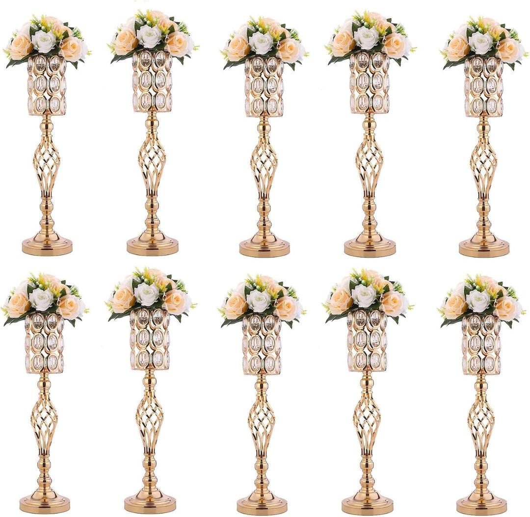 Set of 10 Metal Diamond Crystal Wedding Centerpiece Vases for Tables, 24in Gold Versatile Tall Flower Holders Centerpiece Flower Stands for Wedding Party Reception Dining Room Living Room Home Dcor