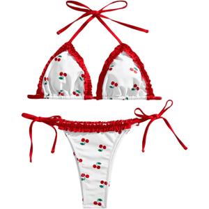 MakeMeChic Women's 2 Piece Bikini Set Cherry Halter Backless Ruffle String Cute Bathing Suit (X-Large, Red and White)