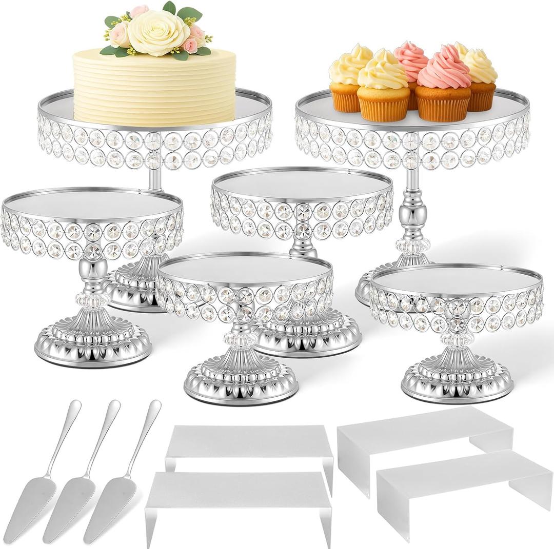 Lallisa 13 Piece Silver Cake Stand Set, Vintage Cake Dessert Display with Crystal Rim & Cupcake Trays for Wedding, Birthday Anniversary Parties, Dessert Table Decoration