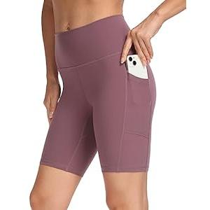YUNOGA Women's High Waist Yoga Shorts 8" Inseam Biker Shorts Workout Spandex Shorts with Pockets (XS, Dusty Red)