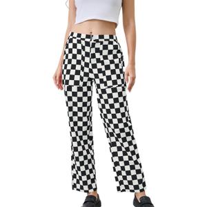 Womens Checkered Pants Zip Off Plaid Gingham Pants Casual Elastic High Waist Straight Leg Jeans with Pockets (Large, Black White)
