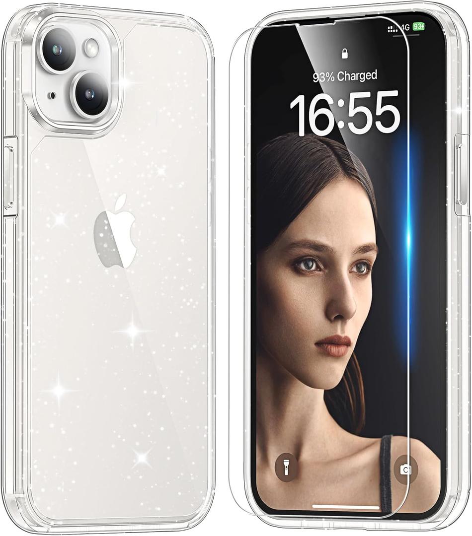 TAURI iPhone 15 Case Glitter, [Not Yellowing] with 2X Screen Protector, [Military Grade Drop Protection] Bling Cute Sparkly Case for iPhone 15, Glitter Clear