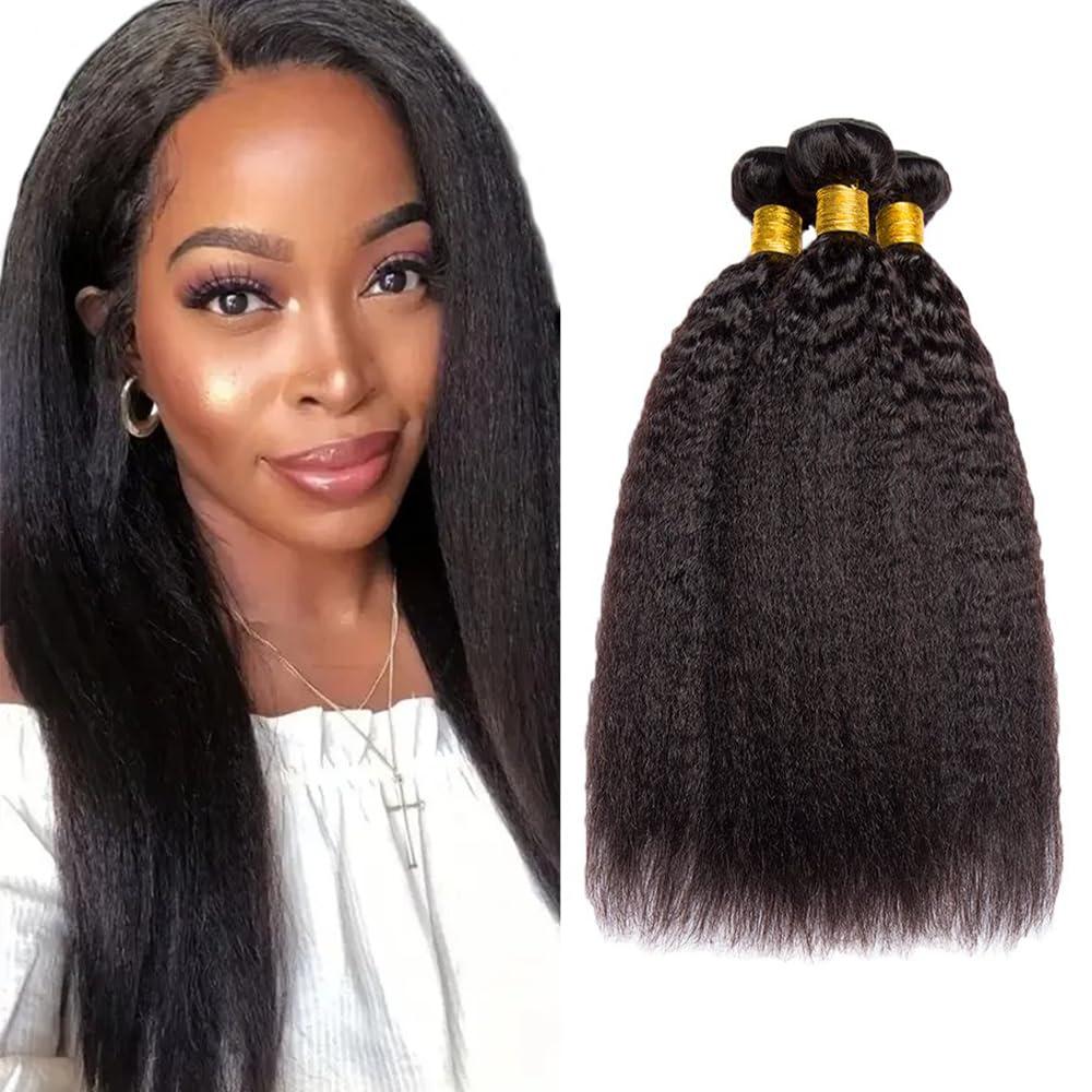 Yaki Bundles Kinky Straight Human Hair Bundles 24 26 28 Inch Yaki Straight Bundles Human Hair Double Weft Natural Kinky Bundle Brazilian Virgin Remy Hair Extensions 3Pcs/Set 300G