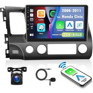 2+64G [Hi-Fi Audio] Android 13 Car Stereo for Honda Civic 2006-2011, 10.1" Touch Screen GPS Navigation, Wireless Apple Carplay Android Auto Bluetooth, FM, WiFi, USB+AHD Backup Camera Mic