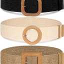 Syhood 3 Pieces Straw Woven Elastic Waist Belt for Women Bohemian Dress Braided Belt (Fit Waist Size Below 36'', Black, Khaki, Apricot)