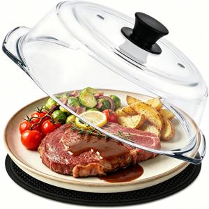 10 inch Glass Microwave Cover for Food,2-in-1 Microwave Splatter Cover with Silicone Pad, Microwave Plate Lid with Vent Holes & Easy-Grip Handle