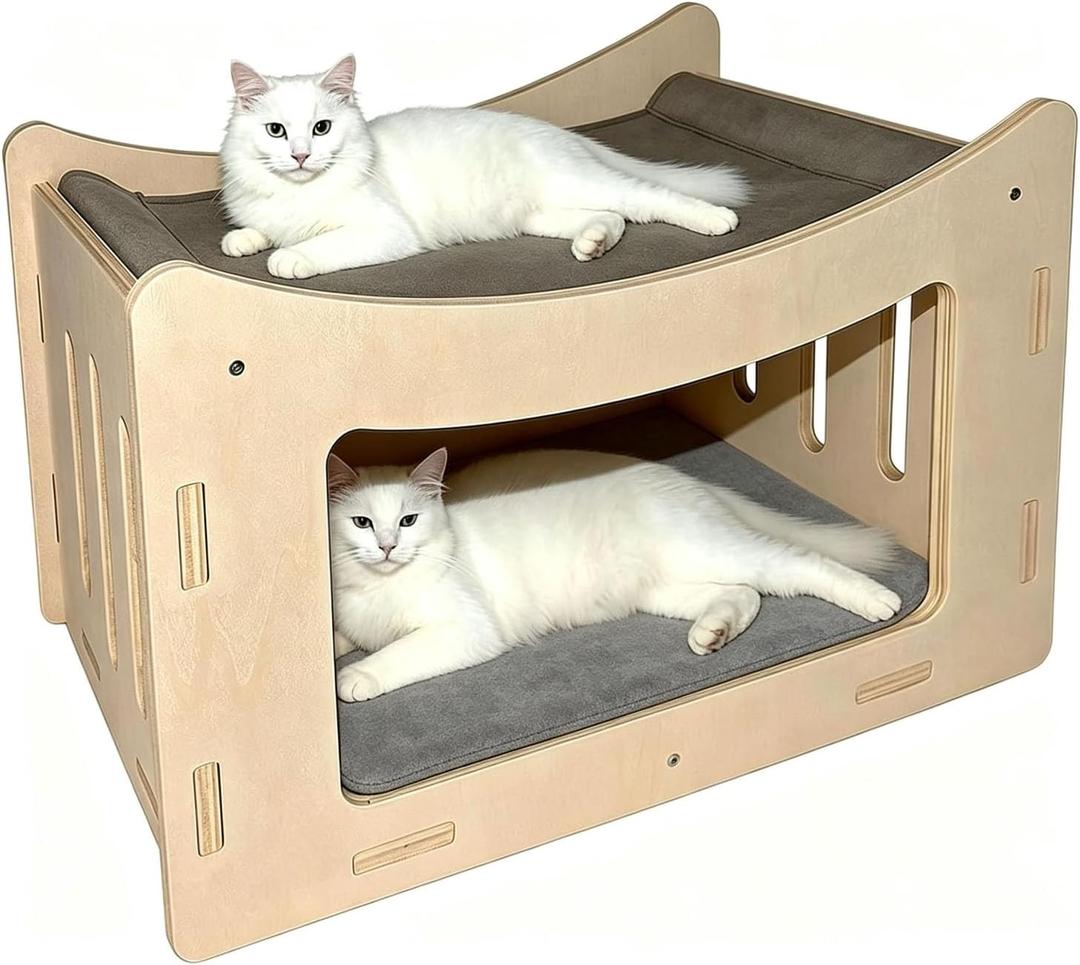 Cute Cat Head Wooden Indoor Cat House, Double Decker Cat Shelter with Elevated Soft Canvas Upper Bed and Cat Bed Mat, Multi-Level Pet Condo for Cats & Rabbits