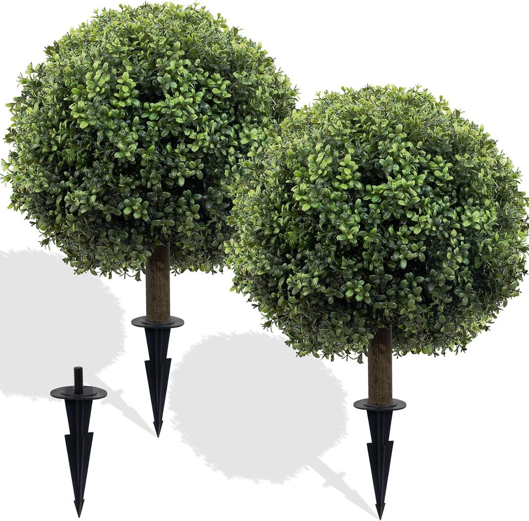 Artificial Boxwood Topiary Ball Tree Set of 2, 25.2" UV Resistant Artificial Outdoor Shrubs with Ground Spike, Decorative Evergreen Fake Topiary Bushes Plant for Front Porch Garden Decor