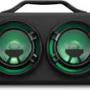 iLive Electronics IBB503GEO Portable Bluetooth Boombox with FM Radio and 2 Microphone Inputs, Color Changing LED Lights, Carry Strap, Black with Geometric Pattern