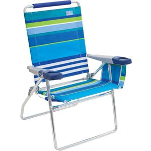Rio Brands 17" Extended Height 4-Position Folding Beach, Camping, Lawn Chair, Blue/White/Green