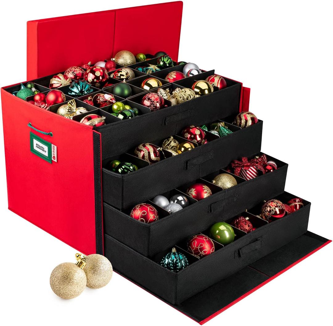 HOLDN STORAGE Christmas Ornament Storage Box with Dividers, Stores Ornaments up to 96 of 3 Inch Large Christmas Ball Storage Containers with 4 Trays - Red
