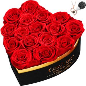 Casaido Preserved Roses Flowers for Delivery 16 Pcs, Mothers Day Rose Gifts for Her, Forever Flores in Heart Box with Necklace, Anniversary Birthday Christmas Vanlentines Gift for Wife Girlfriend, Red