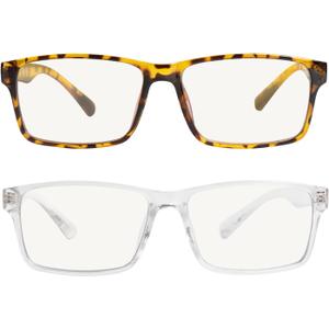 Blue Light Blocking Rectangular Reading Glasses for Men and Women 2-pack (Clear and Tortoise)