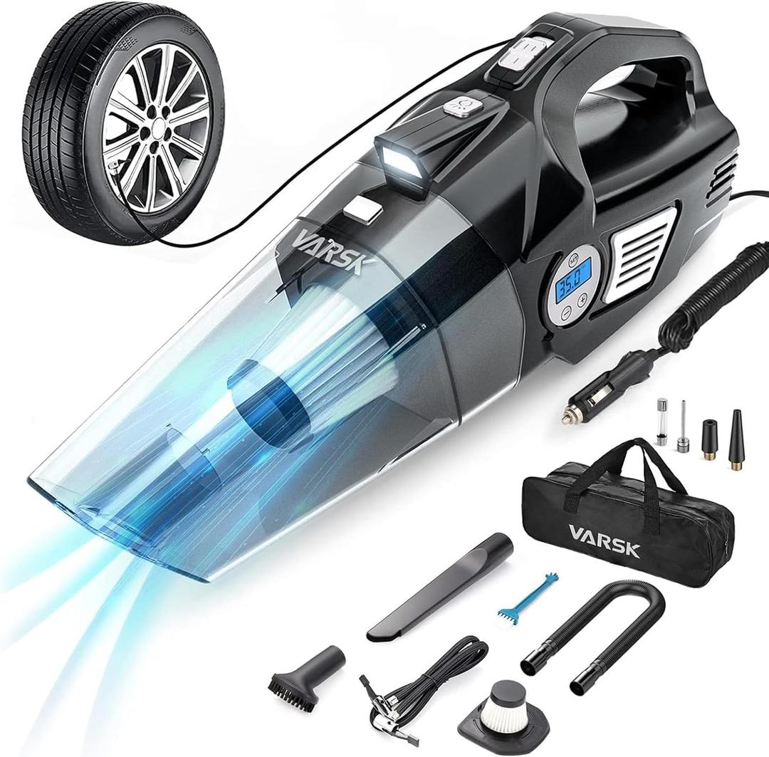 VARSK 4-in-1 Car Vacuum Cleaner High Power, Tire Inflator Portable Car Vacuum with Digital Tire Pressure Gauge LCD Display and LED Light, 12V DC, 15FT Cord, Essential Accessories for Men Women (Black)