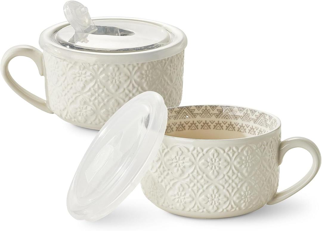 Metahom Ceramic Soup Mugs with Handles and Lids,22 Oz Soup Cups Set of 2, Mug Bowls for Soup, Cereal, Salad, Noodles, Ramen, Microware & Dishwasher Safe, Embossed Design, White