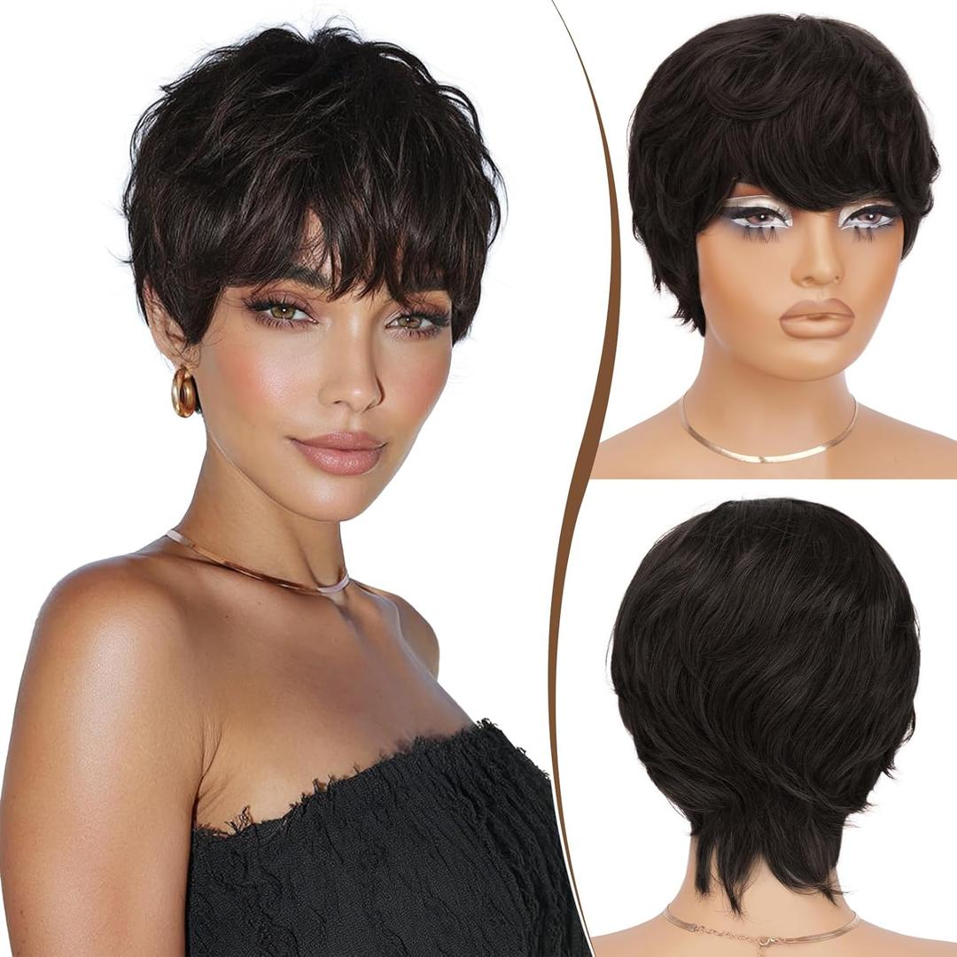 RUWISS Pixie Cut Human Hair Wig  Short Wigs for Black Women with Bangs, Natural Layered Wavy Wig, Glueless, 1B-2# (FQ-001)