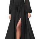 firfig Women Mesh Deep V Neck Open Back Sheer Long Sleeve Slit Leg Bridesmaid Maxi Dress Cocktail Party Wedding Guest Dresses (Large, Black)
