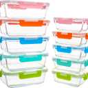 10 Pack Glass Food Storage Containers, Glass Meal Prep Containers with Lids Leak Proof, Clear Glass Bento Boxes for Adults, Microwave & Freezer Safe (34oz & 12oz) (colorful)
