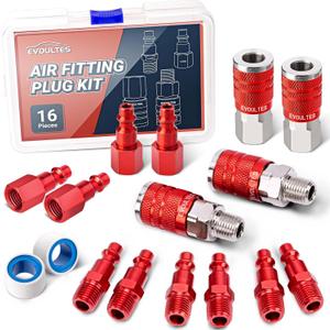 EVOULTES 16 Pieces Universal 1/ 4" NPT Air Hose Fittings & Air Coupler Kit, Lightweight Aluminium Air Fittings Kit with Quick Connect Air Plug, Pneumatic Air Tool Fitting for Air Compressor Accessories