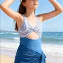Funnycokid Girls One Piece Swimsuit Color Block Teen Bathing Suit with Pad Cover Up Skirt(7-16Y)