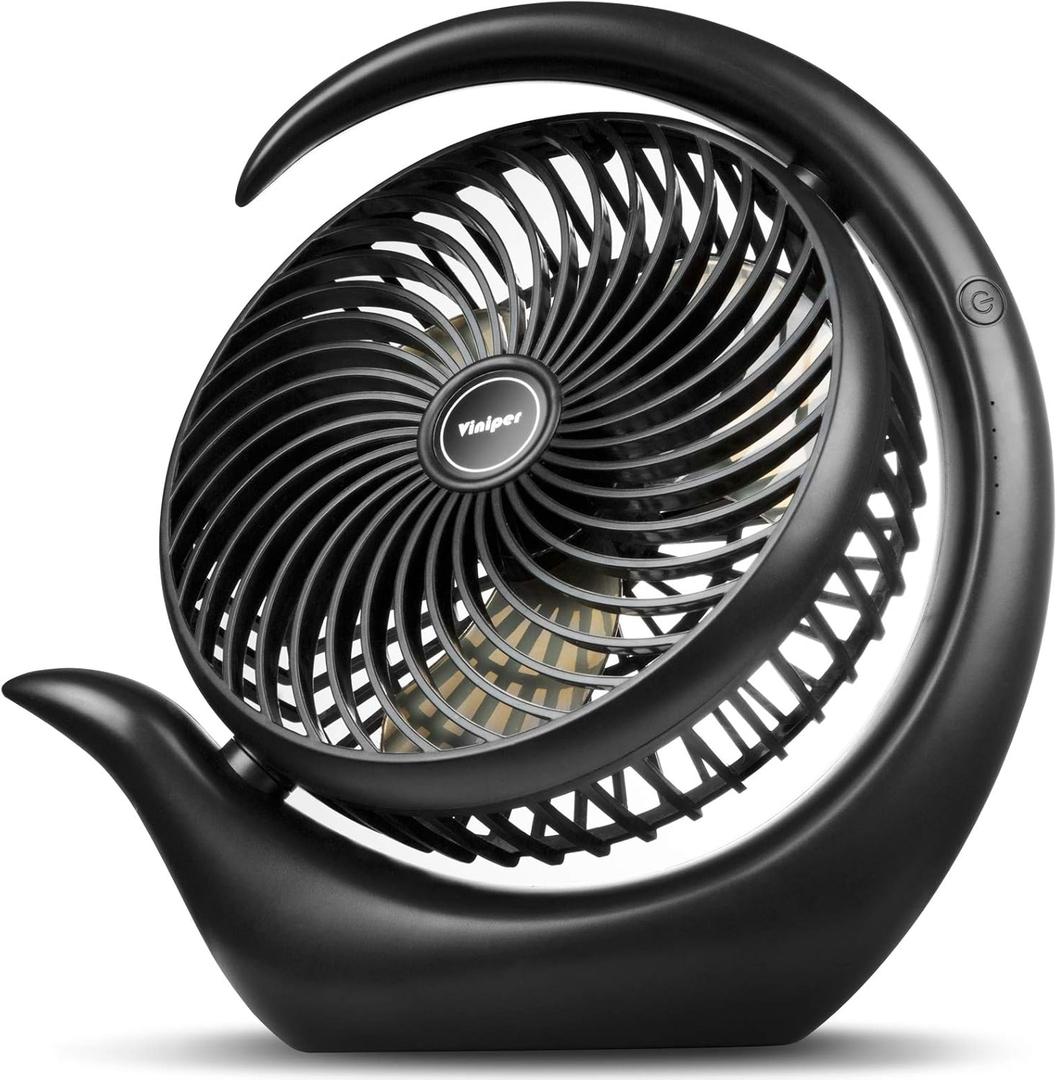 Viniper 8.7 inch Portable Rechargeable Fan, Small Table Fan : 180 Rotation and 3 Speeds Strong Wind Quiet Desk Fan, Long Working Hours for Home Outdoor (Black, Light Black Blade)