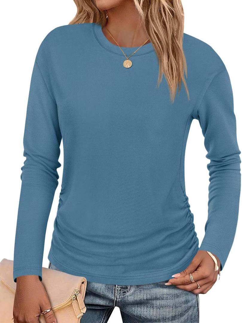Tankaneo Womens T-Shirts Summer Long Sleeve 2025 Crew Neck Blouse Dressy Casual Ruched Slim Fit Trendy Tops (Blue, L)