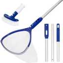 POOLAZA Pool, Spa, Hot Tub Skimmer Net & Brush with Grip Handle & 33" Aluminum Pool Pole, 9" Deep Net Fine Mesh Pool, Spa, Hot Tub Net Skimmer & Brush with Pole & Handle for Small Inflatable Pool