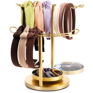 Headband Holder Organizer for Girls, Stainless Steel 2 Tier Design with 360 Rotating Headband Storage Stand, Gold Metal Head Band Holder for Women Entryway Bedroom Dresser Home Decor (Gold)