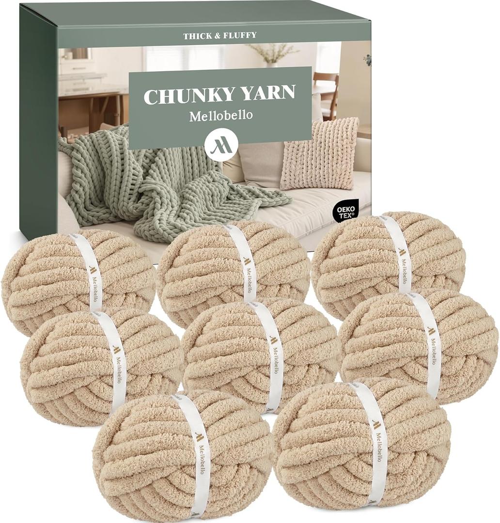 Mellobello Jumbo Chunky Yarn for Hand Knitting - Super Thick Chenille Chunky Yarn for Crocheting - Extra Soft Bulky Fluffy Blanket Big Yarn 8 Jumbo Pack (27yds,8 oz Each Skein) Khaki