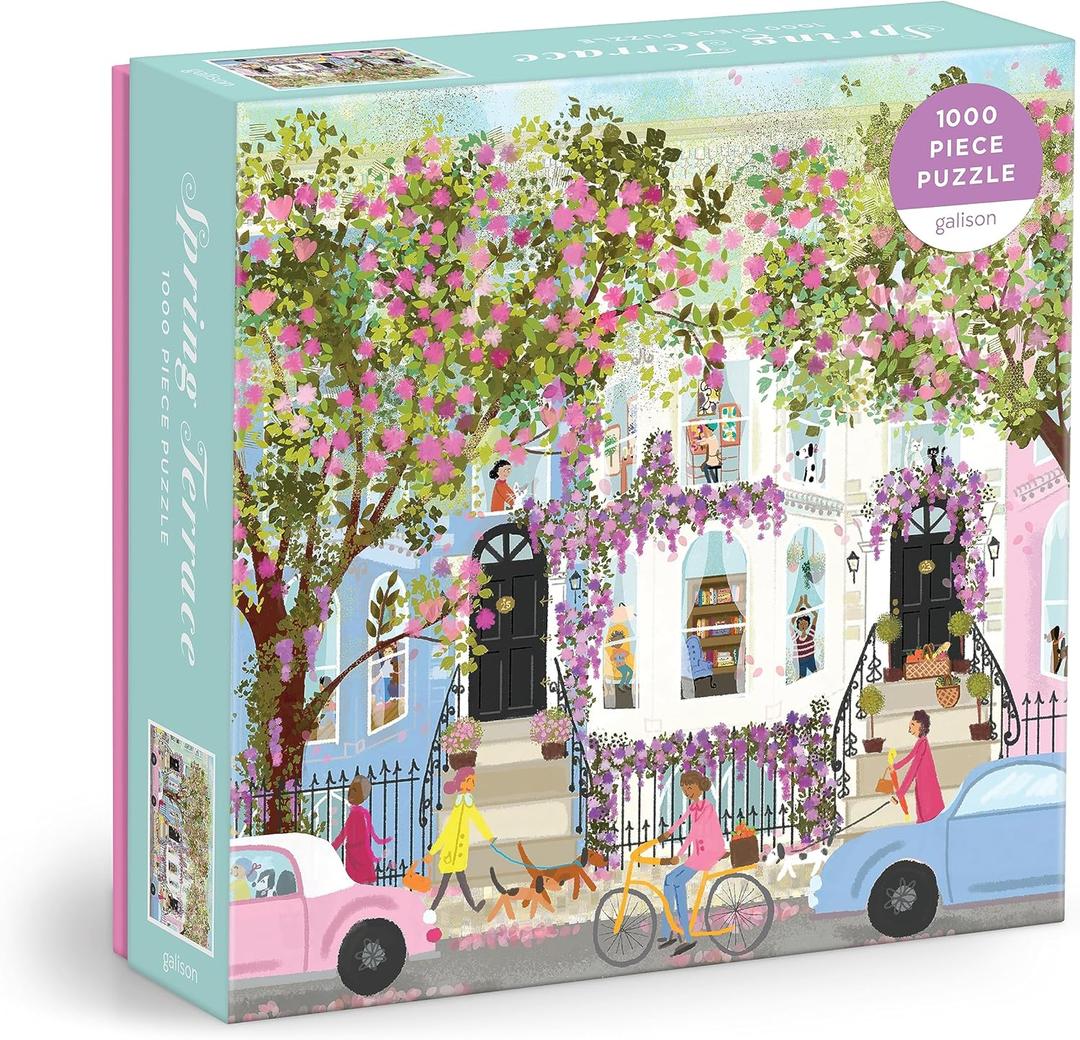 Galison Spring Terrace â€“ 1000 Piece Joy Laforme Puzzle Featuring a Magnolia Filled Neighborhood Day On A Spring Day
