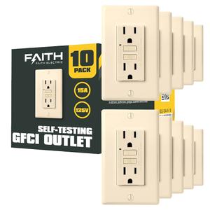 Faith [10-Pack] 15A GFCI Outlets, ETL Listed, Non-Tamper-Resistant GFI Duplex Receptacles with LED Indicator, Self-Test Ground Fault Circuit Interrupter with Wall Plate, Ivory, 10 Piece